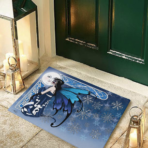 Celtic Winter Moon Fairy Blue Snowflakes Fantasy Doormat