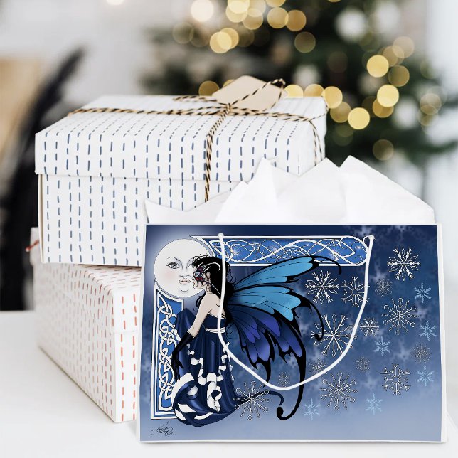 Celtic Winter Moon Fairy Blue Snowflakes Fantasy Large Gift Bag (Creator Uploaded)