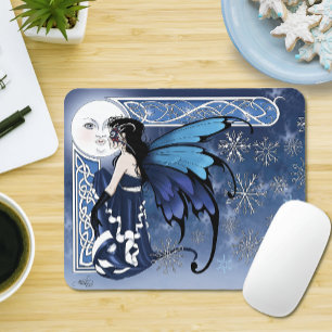 Celtic Winter Moon Fairy Blue Snowflakes Fantasy Mouse Pad