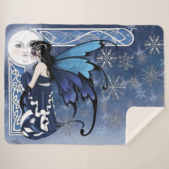 Celtic Winter Moon Fairy Blue Snowflakes Fantasy Sherpa Blanket (Front (Horizontal))