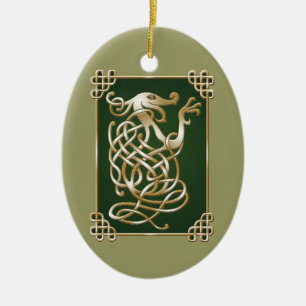 Celtic Wolf - Green Background Ceramic Tree Decoration