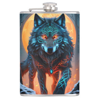 Celtic Wolf Moonlit Forest Hip Flask