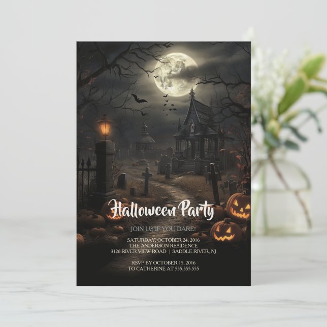 Cemetery and Pumpkins Halloween Party Invitation (Standing Front)