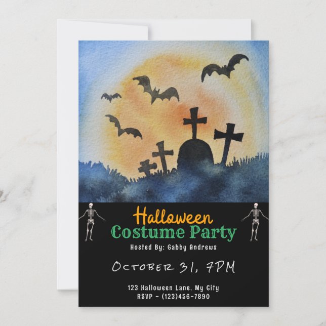 Cemetery Graves Bats Full Moon Black Halloween Invitation (Front)