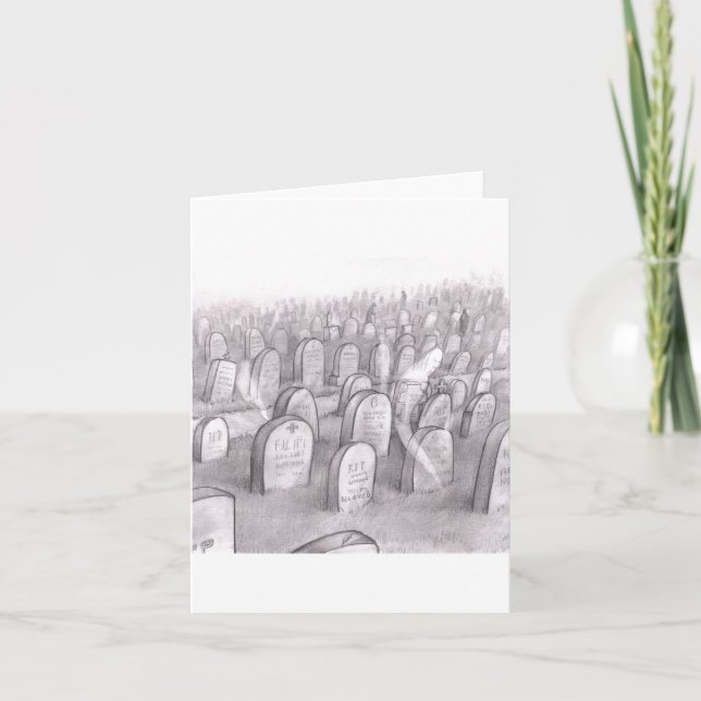 Cemetery Illustration with Many Headstones, Ghosts Card (Front)