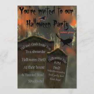 Cemetery Tombstones Blackbird Vulture Misty Spooky Invitation