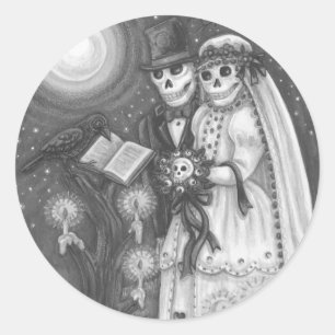CEMETERY VOWS, SKELETON WEDDING, BRIDE AND GROOM CLASSIC ROUND STICKER