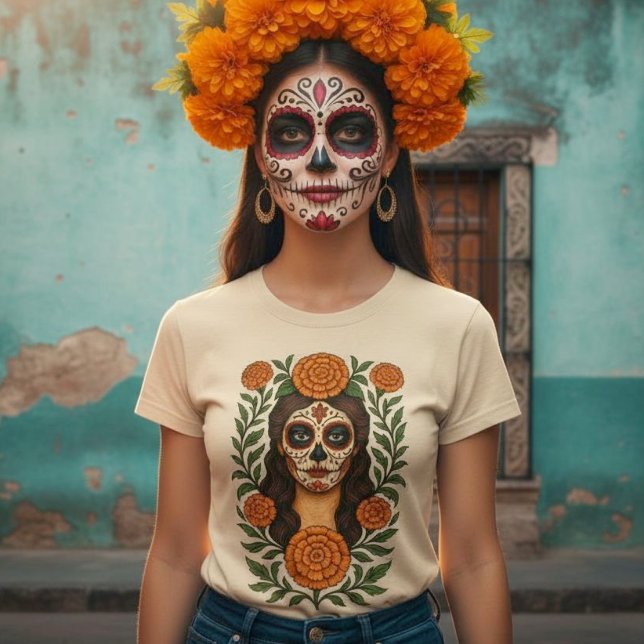 Cempasúchil Aztec Marigolds Botanical Catrina T-Shirt (Cempasúchil Aztec Marigolds Botanical Catrina T-Shirt.)