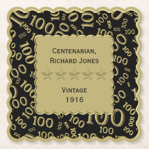 Centenarian 100th Birthday Black and Gold Theme Paper Coaster