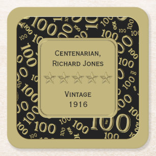 Centenarian 100th Birthday Black and Gold Theme Square Paper Coaster