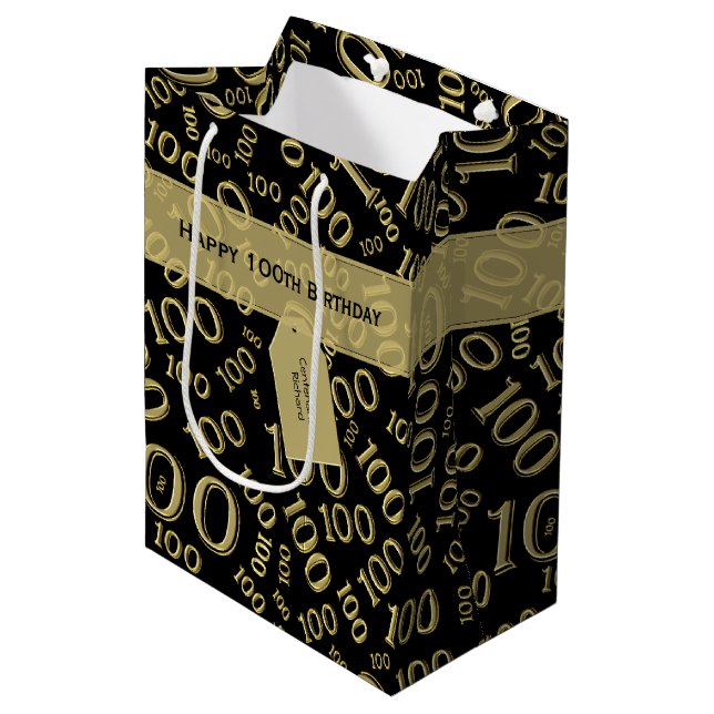 Centenarian 100th Birthday Black/Gold Pattern Medium Gift Bag (Front Angled)