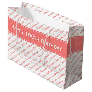 Centenarian Coral/White Typography Pattern - 100th Large Gift Bag