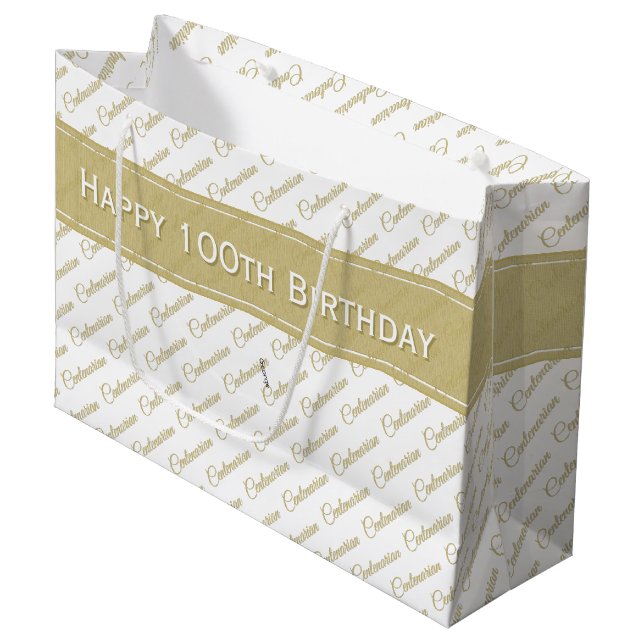 Centenarian Gold/White Typography Pattern - 100th Large Gift Bag (Front Angled)