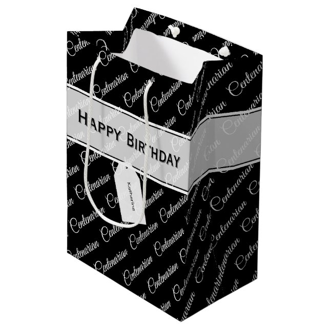 Centenarian Typography Pattern Black/White Name Medium Gift Bag (Front Angled)