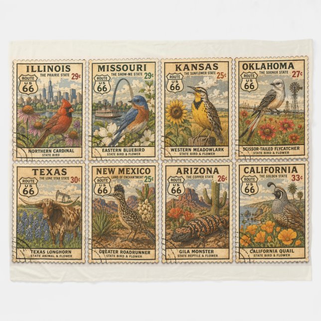 Centennial Mother Road Botanical Stamp Fleece Blanket (Front (Horizontal))