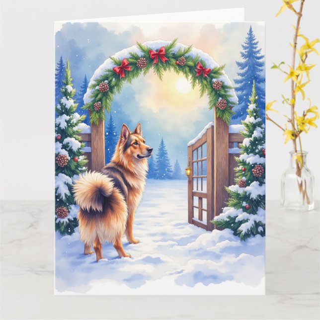 Central Asian Shepherd Snowy Gate Christmas Art Card (Yellow Flower)