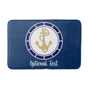 Central Golden Anchor Navy Blue Nautical Bath Mat