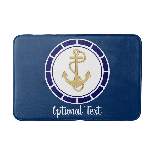 Central Golden Anchor Navy Blue Nautical Bath Mat (Front)
