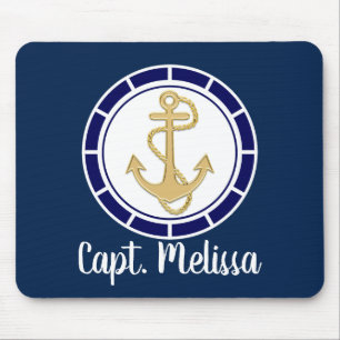 Central Golden Anchor Navy Blue Nautical Mouse Pad