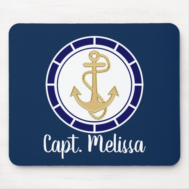 Central Golden Anchor Navy Blue Nautical Mouse Pad (Front)