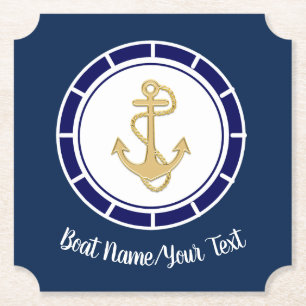 Central Golden Anchor Navy Blue Nautical Paper Coaster