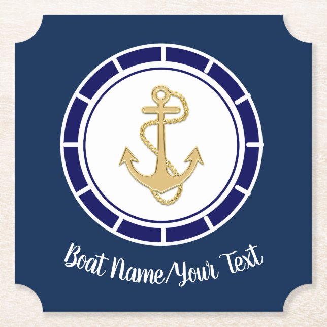 Central Golden Anchor Navy Blue Nautical Paper Coaster (Front)