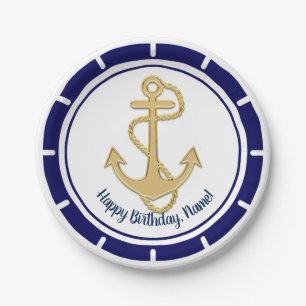 Central Golden Anchor Navy Blue Nautical Paper Plate