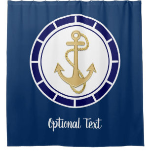 Central Golden Anchor Navy Blue Nautical Shower Curtain
