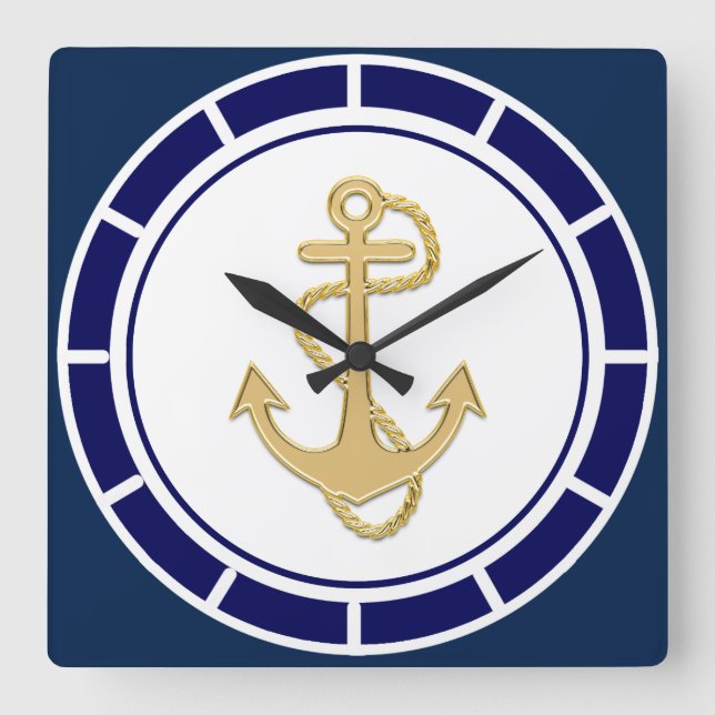 Central Golden Anchor Navy Blue Nautical Square Wall Clock (Front)