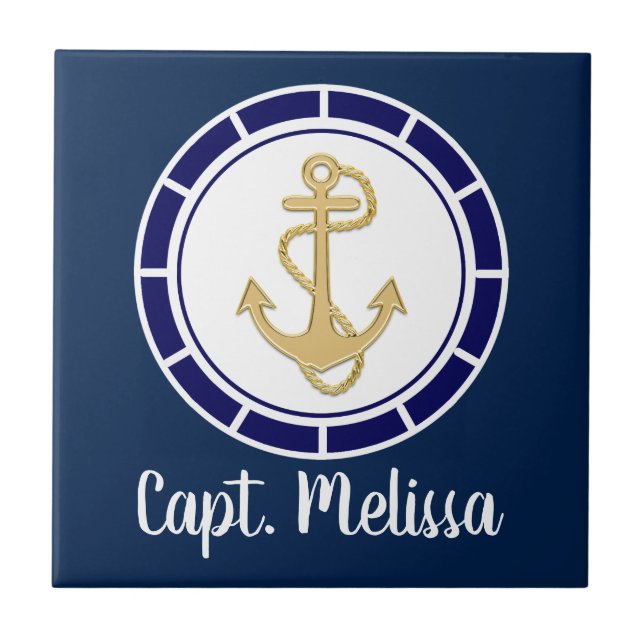 Central Golden Anchor Navy Blue Nautical Tile (Front)