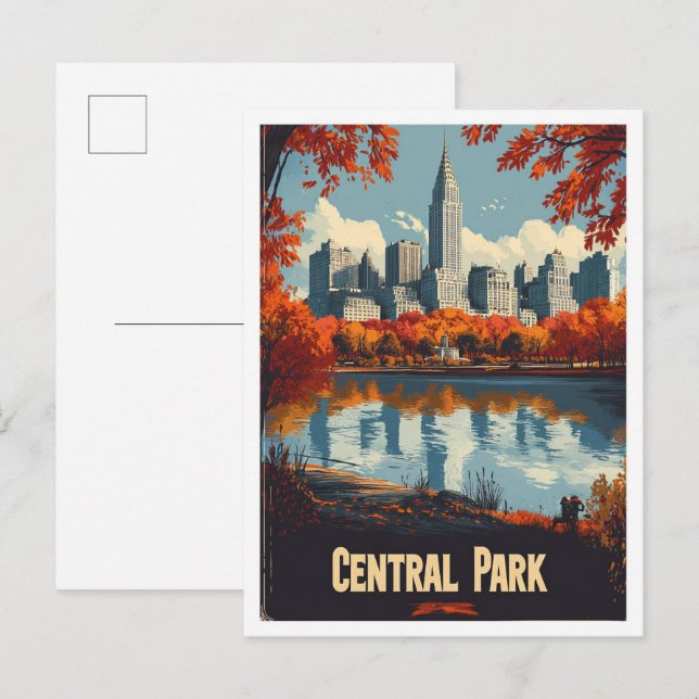 Central Park NYC USA Vintage Illustration Travel Postcard (Front/Back)