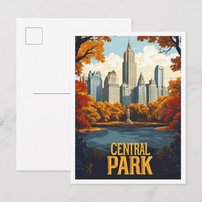 Central Park NYC USA Vintage Illustration Travel Postcard (Front/Back)