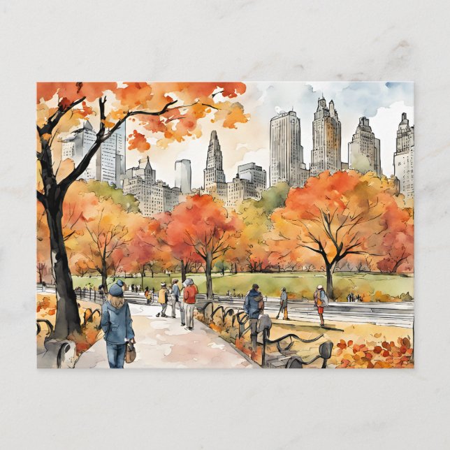 Central Park, watercolors, AI-generated, Postcard (Front)