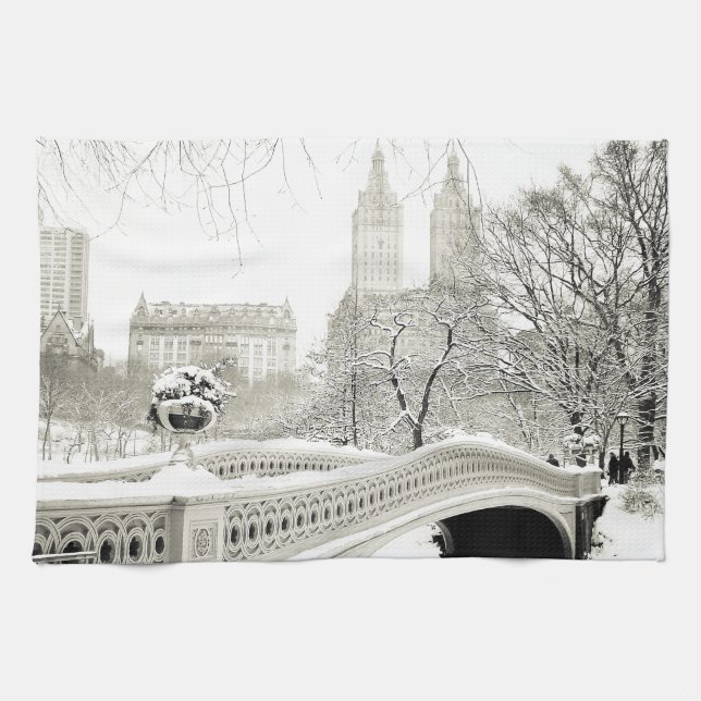 Central Park Winter - Snow on Bow Bridge Tea Towel (Horizontal)