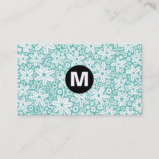 Centre Spot Monogram - Flower Design - Lt Aqua Business Card (Front)
