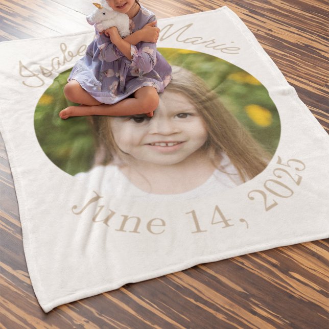 Centred Circle & Script Fleece Blanket (Fleece blanket with ivory base, circle photo center, script name above, and curved date below.)