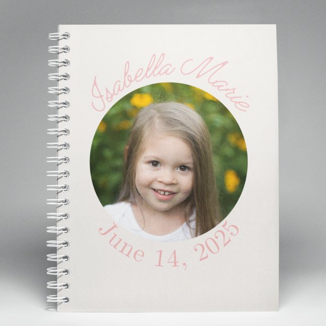 Centred Circle & Script Notebook (“Minimal notebook featuring circle image in center, elegant script name, and softly curved date.”)