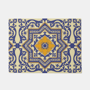 Ceramic Azulejo Style Blue Orange Door Mat