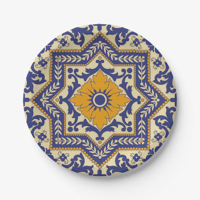 Ceramic Azulejo Style Blue Orange Paper Plate (Front)