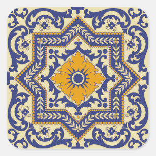 Ceramic Azulejo Style Blue Orange Sticker
