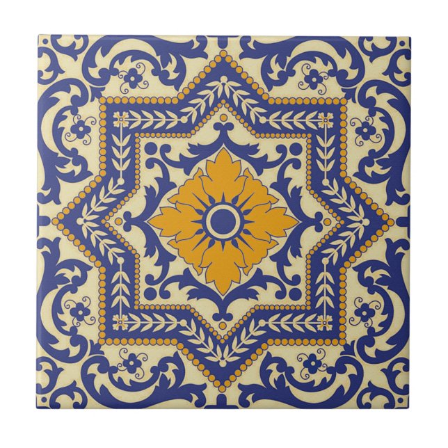 Ceramic Azulejo Style Blue Orange Tile (Front)