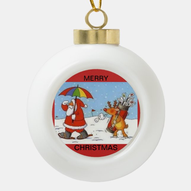 Ceramic ball ornament with Santa and his Caddie (Front)