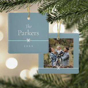 Ceramic Blue Simple Minimal Bow Photo Ornament