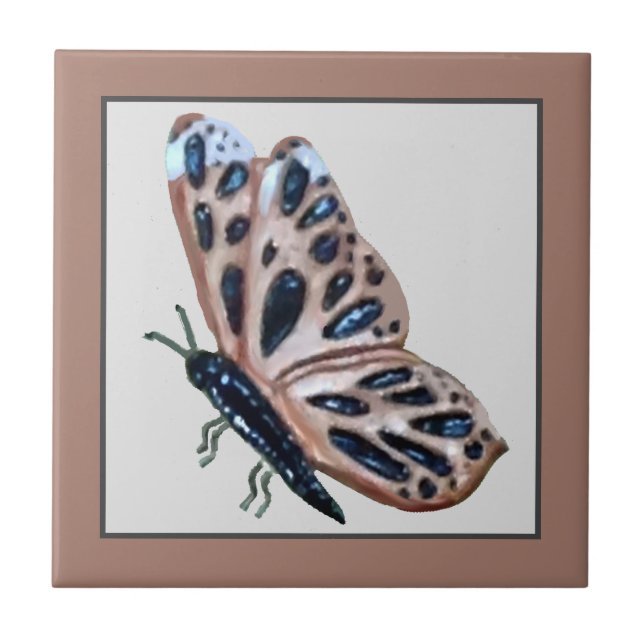 Ceramic Butterfly tile copper and black on taupe (Front)