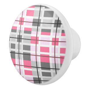 Ceramic Cabinet Knob-Pink & Grey Plaid Knob