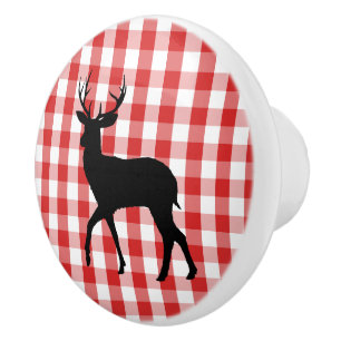 Ceramic Cabinet Knob-Red Plaid & Deer Knob