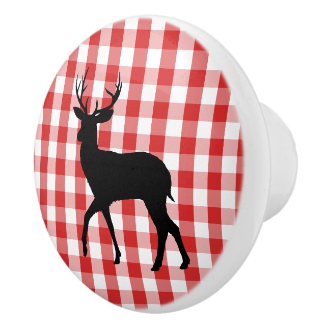 Ceramic Cabinet Knob-Red Plaid & Deer Knob (Right)