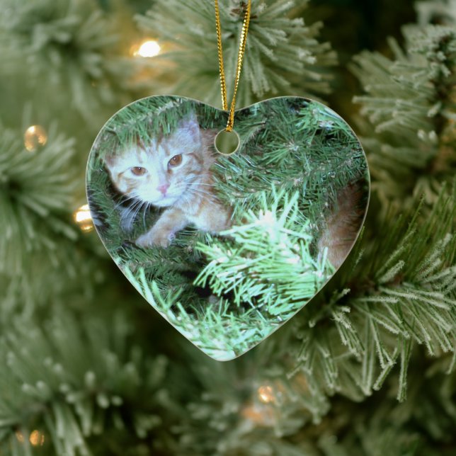 Ceramic Cat in the Tree Christmas Heart Ornament (Tree)