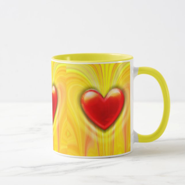 Ceramic coffee mug yellow red heart design. (Right)