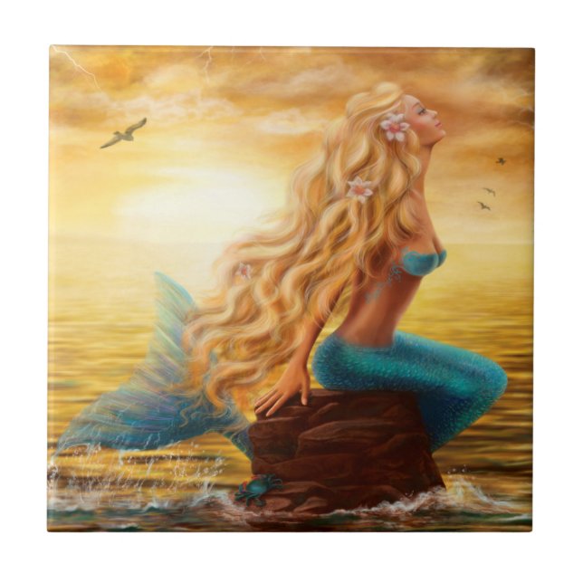 Ceramic Decorative Mermaid Tiles at Sunset (Front)